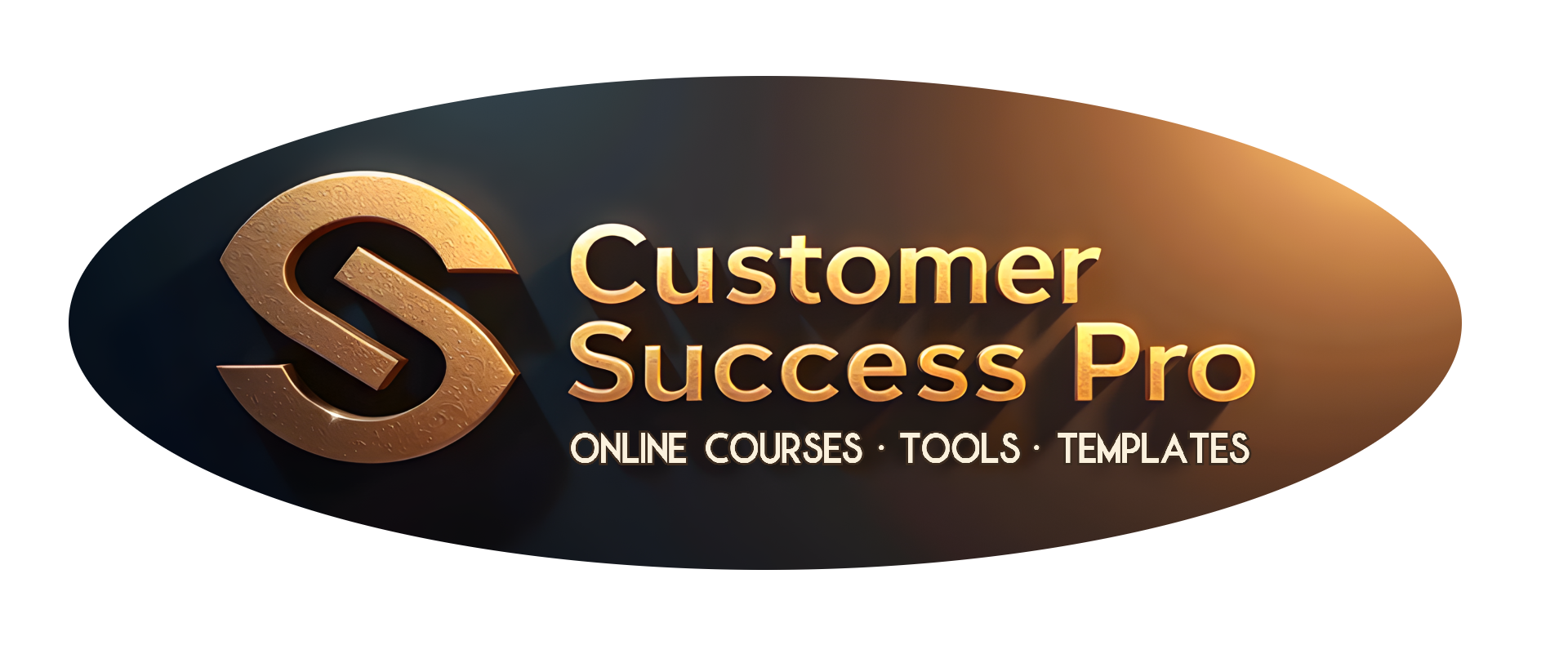 Customer Success Pro logo with a gold stylized "S" and the text "Customer Success Pro ONLINE COURSES · TOOLS · TEMPLATES" on a dark oval background with a gold gradient.
