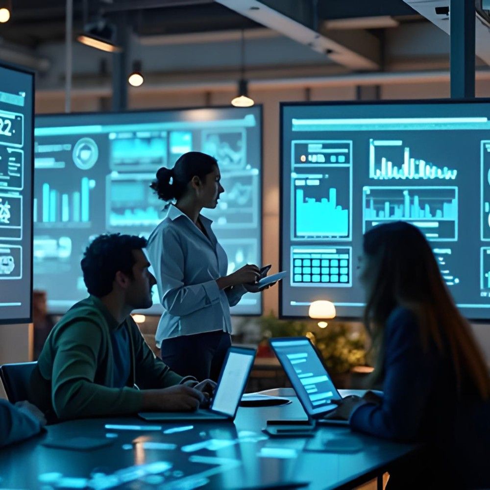 A man and a wmona sre sitting at a desk invloved in a discussion