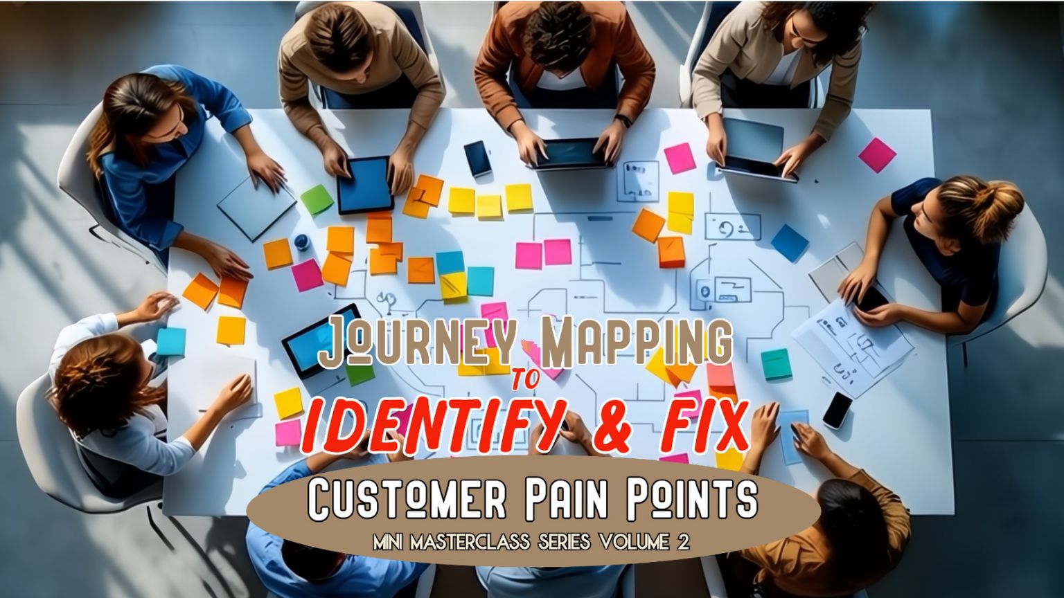 A lively workshop scene overhead, featuring a diverse group of people collaborating at a table. They are surrounded by colorful sticky notes and documents. The title 'Journey Mapping to Identify & Fix Customer Pain Points' is prominently displayed, indicating a focused discussion on customer experience improvement.